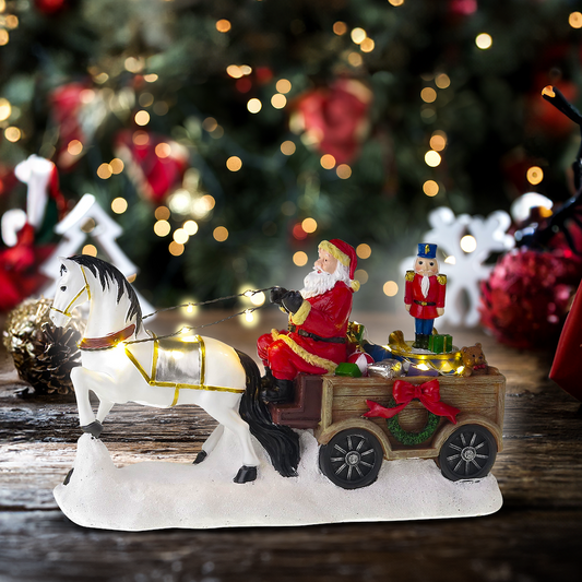 Santa with white horse, wagon and rotation nutcracker