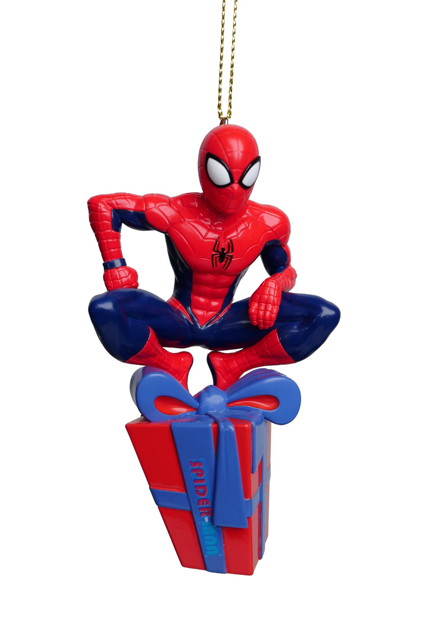 Adorno De Navidad Spiderman encima del regalo de Navidad